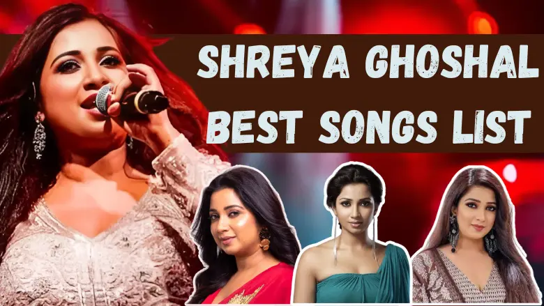 Shreya Ghoshal performing on stage with her iconic songs listed